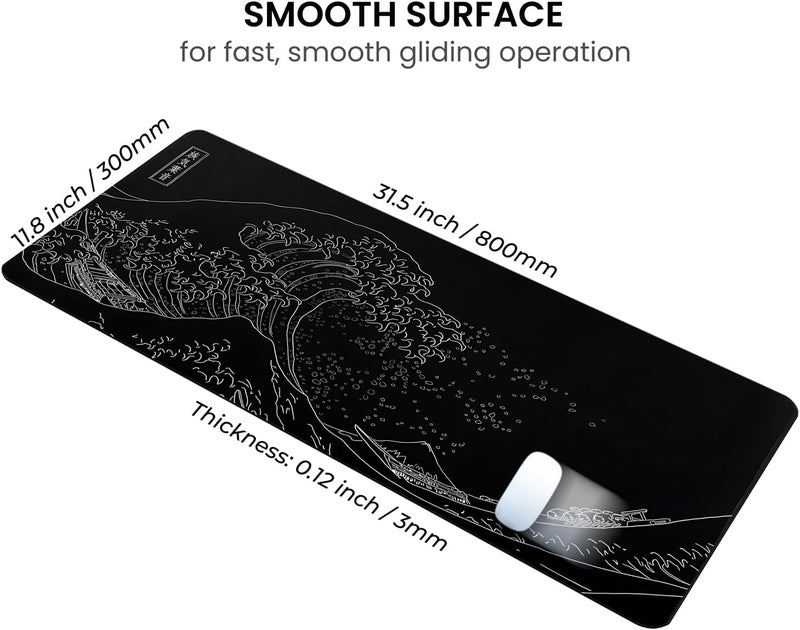Mayflower Large Gaming Mouse Pad, Full Keyboard Mat, Long Laptop Mousepad, Computer Mouse Mat for Home and Office, Anti-Slip Rubber Base, 31.5 x 11.8 Inches (Black Sea Wave) - Image 3